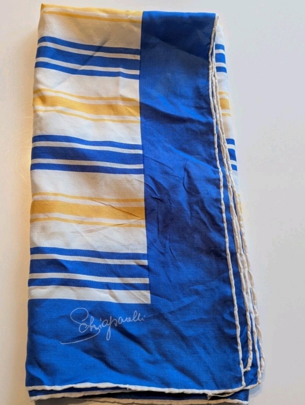 Schiaparelli Hand Rolled Blue, White And Yellow Striped Scarf -All Silk - Italy